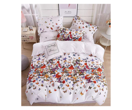 Lenjerie de pat pentru o persoana cu husa elastic pat si fata perna patrata, Mariposas, bumbac ranforce, 120 g/mp, multicolor