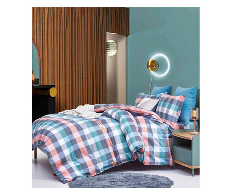 Lenjerie de pat pentru o persoana cu husa elastic pat si fata perna patrata, Branson, bumbac ranforce, 120 g/mp, multicolor