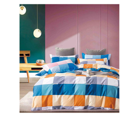 Lenjerie de pat pentru o persoana cu husa elastic pat si 2 fete perna patrata, Elvir, bumbac ranforce, 120 g/mp, multicolor