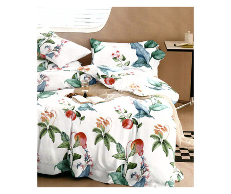 Lenjerie de pat pentru o persoana cu husa elastic pat si fata perna patrata, Leilani, bumbac ranforce, 120 g/mp, multicolor