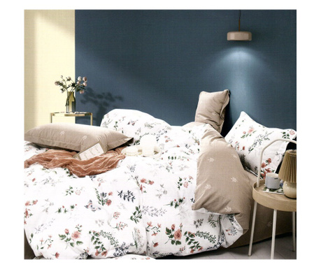 Lenjerie de pat pentru o persoana cu husa elastic pat si fata perna patrata, Nerio, bumbac ranforce, 120 g/mp, multicolor