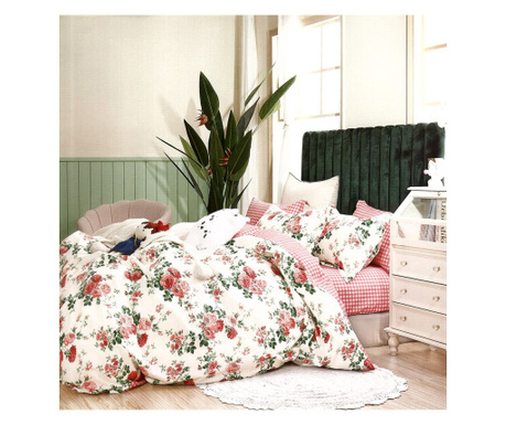 Lenjerie de pat pentru o persoana cu husa elastic pat si fata perna patrata, Tansy, bumbac ranforce, 120 g/mp, multicolor