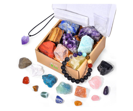 Set  cutie premium 25 cristale semipretioase vindecatoare, GlowforHome, pandantiv, bratara, handmade, meditatie, echilibrare cha