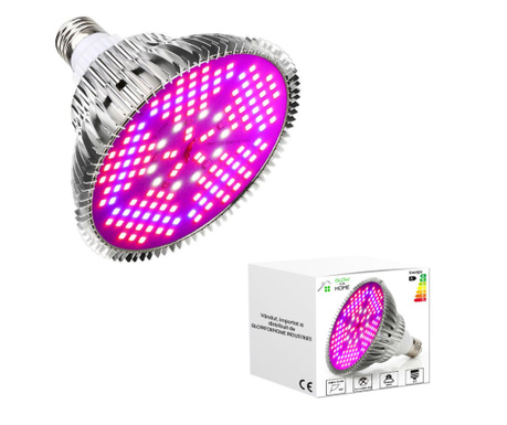 Bec LED pentru cresterea plantelor si legumelor la interior, acvariu, Spectru complet, GlowforHome, E27, 100W, 150 Leduri, Argin