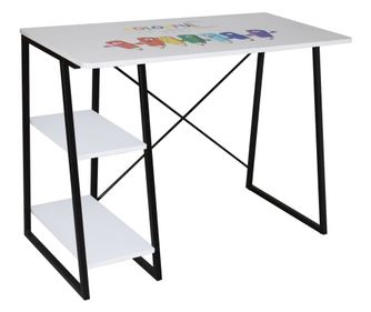 Birou pentru picioare, alb si negru, 102x50x75,5 cm, cu doua rafturi deschise