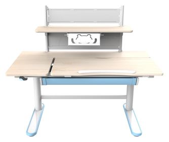 Birou Emilia 1, alb+albastru, 112x60x96,1/130,1 cm, cu raft, contabil si functie reglabila electronic pe inaltime