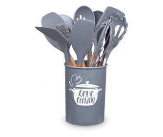 Комплект кухненски прибори Love cooking by Krasino, сив, силикон, дърво, метал, 12 части