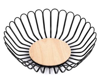 Pufo Modern fém gyümölcstál, bambusz aljú, kerek, 27 cm, fekete