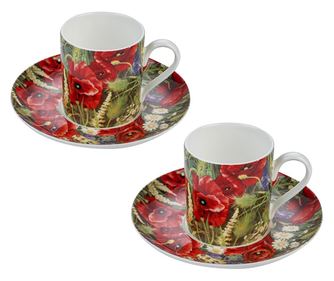 Комплект за кафе еспресо - 2 чаши и 2 чинийки,Макове