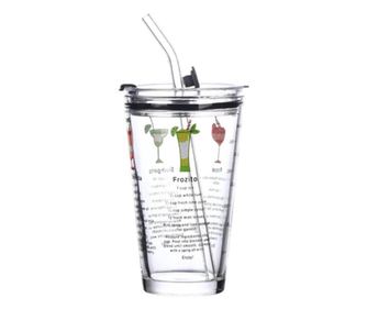 Cana din sticla transparenta Pufo Cocktails pentru cafea cu capac, 450 ml