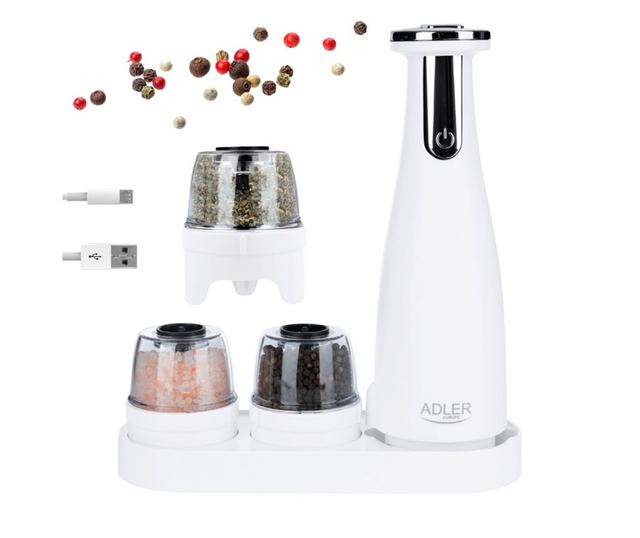 Електрически мелнички Adler AD 4449W, 3 бр, 150 мл, USB, Li-Ion 1500mAh, Керамични остриета, Бял