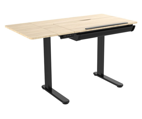 Теджана бюро, черно+природа, 120x60x73/123 cm, с електронно регулируема функция на височината и накланяща се табела с маса
