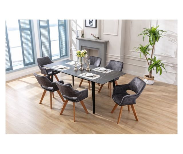 Scaun de sufragerie Lami, Set 2, Antrazit, 58x61x83 cm, captusit, rotativ 360°, picioare metalice