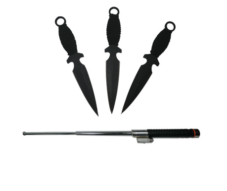 Комплект от 4 прибори за самозащита, телескопична лазерна палка и ножове за® хвърляне, неръждаема стомана, многоцветни