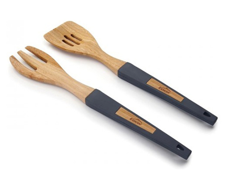 Set lingura si furculita din bambus pentru servit salata, Natura Grey, 32 cm