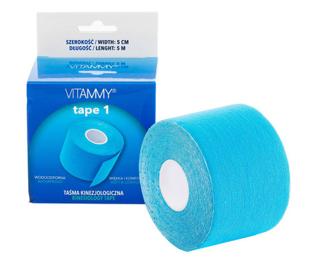Banda Kinesiologica Vitammy Tape 1, impermeabila, moale si confortabila, fara latex, 5 cm x 5 m, Albastru