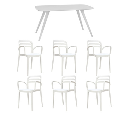 RAKI Set mobila bucatarie/sufragerie, masa alba 140x80xh75cm Keatley MDF/metal si 6 scaune plastic Aspendos 54x51xh82cm albe