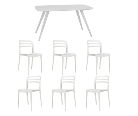 RAKI Set mobila bucatarie/sufragerie, masa alba 140x80xh75cm Keatley MDF/metal si 6 scaune plastic Aspen 46x51xh82cm albe