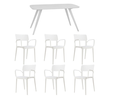 RAKI Set mobila bucatarie/sufragerie, masa alba 140x80xh75cm Keatley MDF/metal si 6 scaune plastic Panora 54x51xh82cm albe