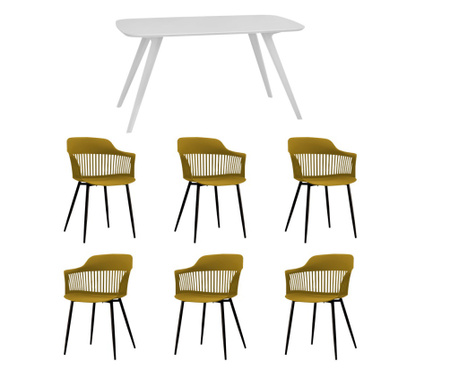 RAKI Set mobila dining, masa alba 140x80xh75cm Keatley MDF/metal si 6 scaune plastic/metal Florida 53x59xh81cm galben/negru