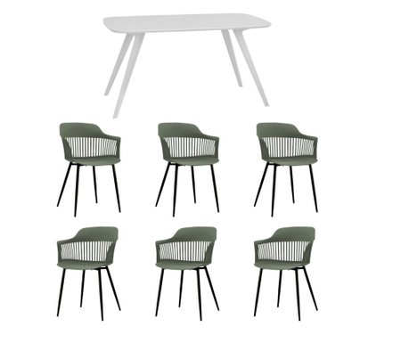 RAKI Set mobila dining, masa alba 140x80xh75cm Keatley MDF/metal si 6 scaune plastic/metal Florida 53x59xh81cm verde/negru