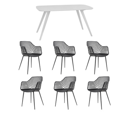 RAKI Set mobila bucatarie/dining, masa alba 140x80xh75cm Keatley MDF/metal si 6 scaune plastic/metal Toyama 56x57xh84cm negre