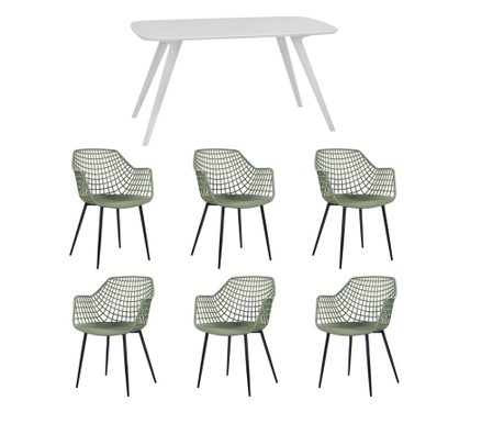 RAKI Set mobila dining, masa alba 140x80xh75cm Keatley MDF/metal si 6 scaune plastic/metal Toyama 56x57xh84cm verde/negru