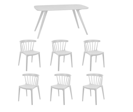 RAKI Set mobila bucatarie/sufragerie, masa alba 140x80xh75cm Keatley MDF/metal si 6 scaune plastic Aspen albe 53х53хh75cm