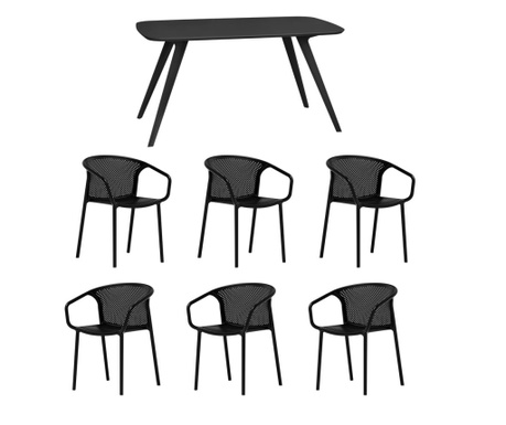 RAKI Set mobila bucatarie/sufragerie, masa neagra 140x80xh75cm Keatley MDF/metal si 6 scaune plastic Chicago 57x57xh77cm negre