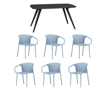RAKI Set mobila bucatarie/dining, masa neagra 140x80xh75cm Keatley MDF/metal si 6 scaune plastic Chicago 57x57xh77cm albastre