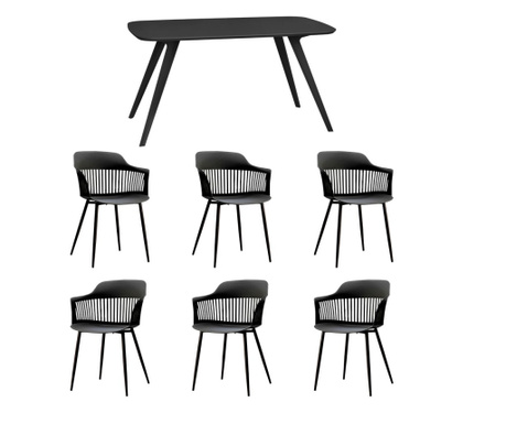 RAKI Set mobila bucatarie/dining, masa neagra 140x80xh75cm Keatley MDF/metal si 6 scaune plastic/metal Florida 53x59xh81cm negre