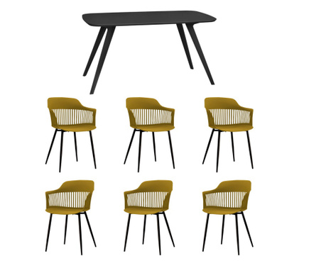 RAKI Set mobila dining, masa neagra 140x80xh75cm Keatley MDF/metal si 6 scaune plastic/metal Florida 53x59xh81cm galben/negru