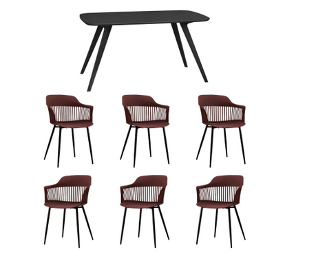 RAKI Set mobila dining, masa neagra 140x80xh75cm Keatley MDF/metal si 6 scaune plastic/metal Florida 53x59xh81cm mov/negru