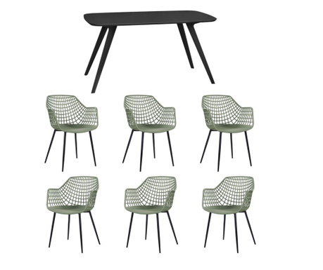 RAKI Set mobila dining, masa neagra 140x80xh75cm Keatley MDF/metal si 6 scaune plastic/metal Toyama 56x57xh84cm verde/negru