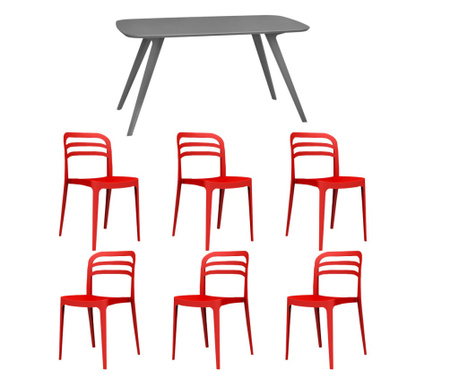 RAKI Set mobila bucatarie/sufragerie, masa gri 140x80xh75cm Keatley MDF/metal si 6 scaune plastic Aspen 46x51xh82cm rosii