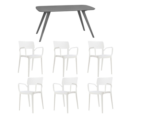 RAKI Set mobila bucatarie/sufragerie, masa gri 140x80xh75cm Keatley MDF/metal si 6 scaune plastic Panora 54x51xh82cm albe