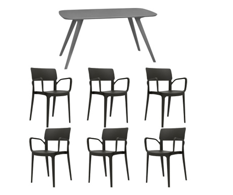 RAKI Set mobila bucatarie/sufragerie, masa gri 140x80xh75cm Keatley MDF/metal si 6 scaune plastic Panora 54x51xh82cm negre