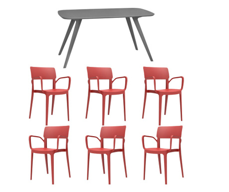 RAKI Set mobila bucatarie/sufragerie, masa gri 140x80xh75cm Keatley MDF/metal si 6 scaune plastic Panora 54x51xh82cm rosii