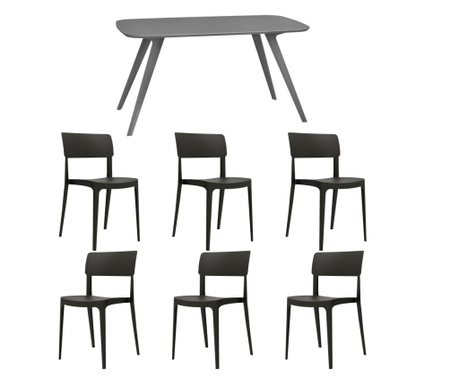 RAKI Set mobila bucatarie/sufragerie, masa gri 140x80xh75cm Keatley MDF/metal si 6 scaune plastic Pano 46x51xh82cm negre