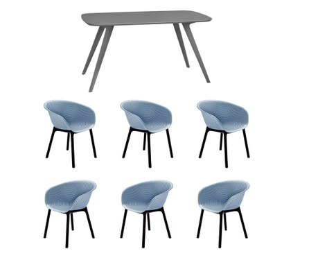 RAKI Set mobila bucatarie/sufragerie, masa gri 140x80xh75cm Keatley MDF/metal si 6 scaune plastic Havana 61x64xh74cm albastre