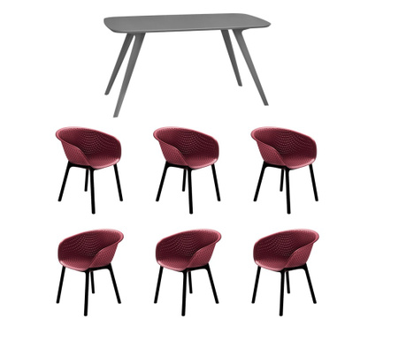 RAKI Set mobila bucatarie/sufragerie, masa gri 140x80xh75cm Keatley MDF/metal si 6 scaune plastic Havana 61x64xh74cm bordo