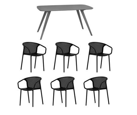 RAKI Set mobila bucatarie/sufragerie, masa gri 140x80xh75cm Keatley MDF/metal si 6 scaune plastic Chicago 57x57xh77cm negre