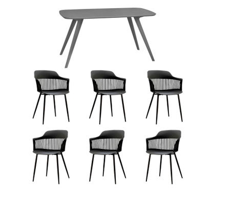 RAKI Set mobila bucatarie/dining, masa gri 140x80xh75cm Keatley MDF/metal si 6 scaune plastic/metal Florida 53x59xh81cm negre
