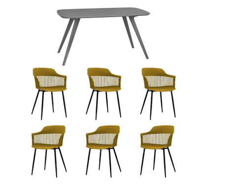RAKI Set mobila dining, masa gri 140x80xh75cm Keatley MDF/metal si 6 scaune plastic/metal Florida 53x59xh81cm galben/negru