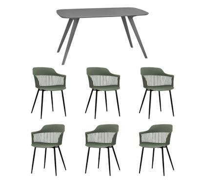 RAKI Set mobila dining, masa gri 140x80xh75cm Keatley MDF/metal si 6 scaune plastic/metal Florida 53x59xh81cm verde/negru