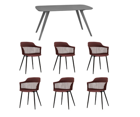 RAKI Set mobila dining, masa gri 140x80xh75cm Keatley MDF/metal si 6 scaune plastic/metal Florida 53x59xh81cm mov/negru