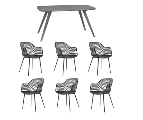 RAKI Set mobila bucatarie/sufragerie, masa gri 140x80xh75cm Keatley MDF/metal si 6 scaune plastic/metal Toyama 56x57xh84cm negre