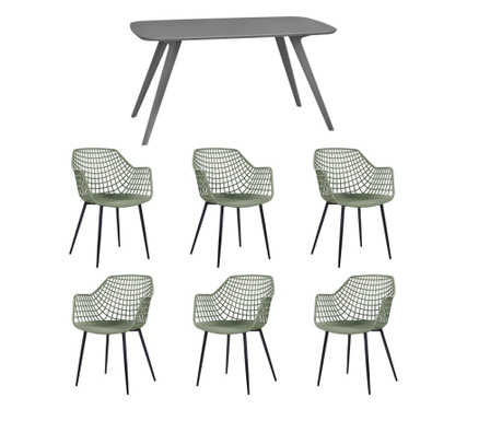 RAKI Set mobila dining, masa gri 140x80xh75cm Keatley MDF/metal si 6 scaune plastic/metal Toyama 56x57xh84cm verde/negru