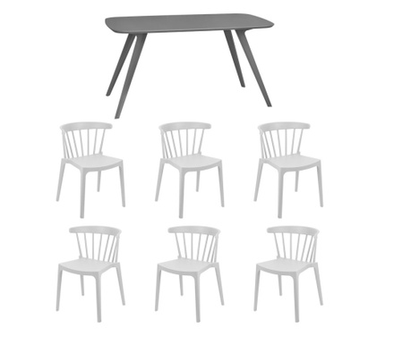 RAKI Set mobila bucatarie/sufragerie, masa gri 140x80xh75cm Keatley MDF/metal si 6 scaune plastic Aspen albe 53х53хh75cm