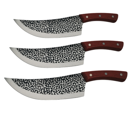 Комплект от три кухненски ножа IdeallStore®, Японки Соул, ръчна изработка, дамаска стомана, дървена дръжка, кафяв